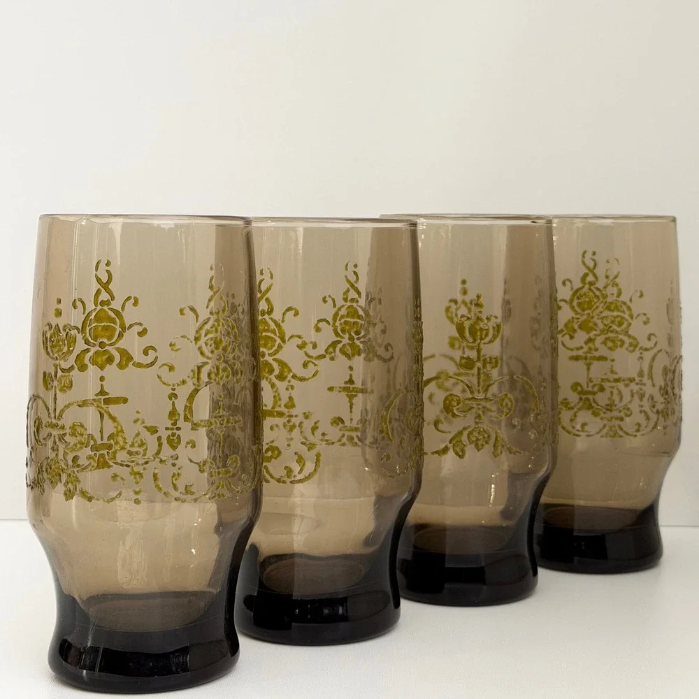 Set of Four Vintage Libbey Glasses Smokey Brown Hand Painted Victorian Gold 12oz
